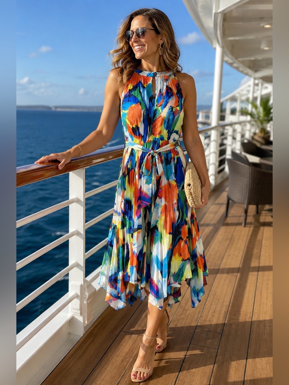 Melissa Paige Pleated Abstract Print Midi Dress Sz 8 Colorful Keyhole Tie Waist